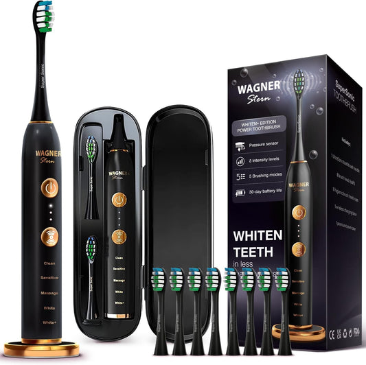 Wagner Stern WT8900 Series Electric Toothbrush – Whitening & Pressure Sensor, 5 Modes, 3 Intensities, 8 Soft Brush Heads, Rechargeable, Travel Case Included