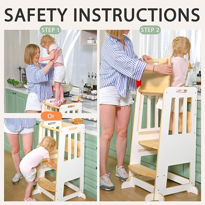 WINGYZ Toddler Kitchen Stool – Adjustable Helper Tower for Kids with Safety Rail, Wooden Standing Step-Up Stool, Sliding Door & Stable Base, White