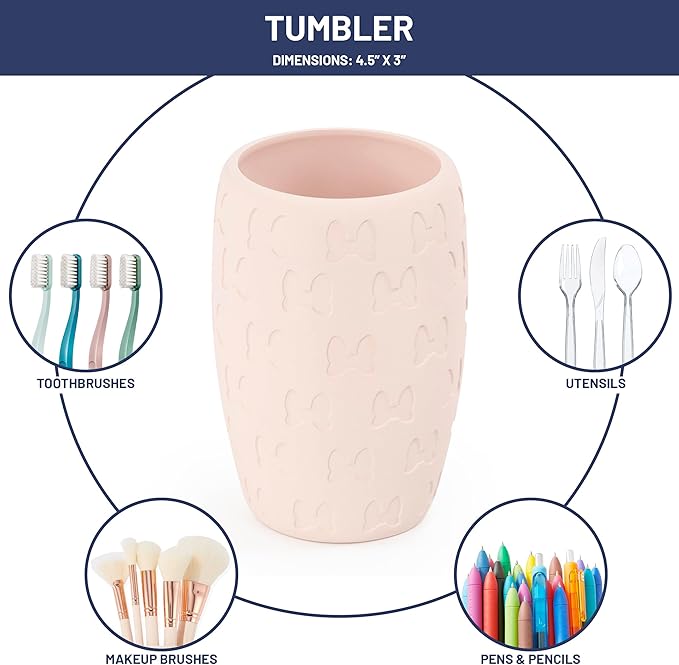 Jay Franco Disney Minnie Mouse Organizer Set - 4 Piece Pink Accessories Includes Resin Soap Dispenser, Soap Dish, Toothbrush Holder and Tumbler - Bathroom Décor