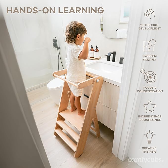 Comfy Cubs Kids Step Stool for Ages 3+, 3 Height Adjustable Toddler Tower, Montessori Furniture Designed in The US - Toddler Standing Tower for Kitchen Sink & Bathroom Access - Natural Wood