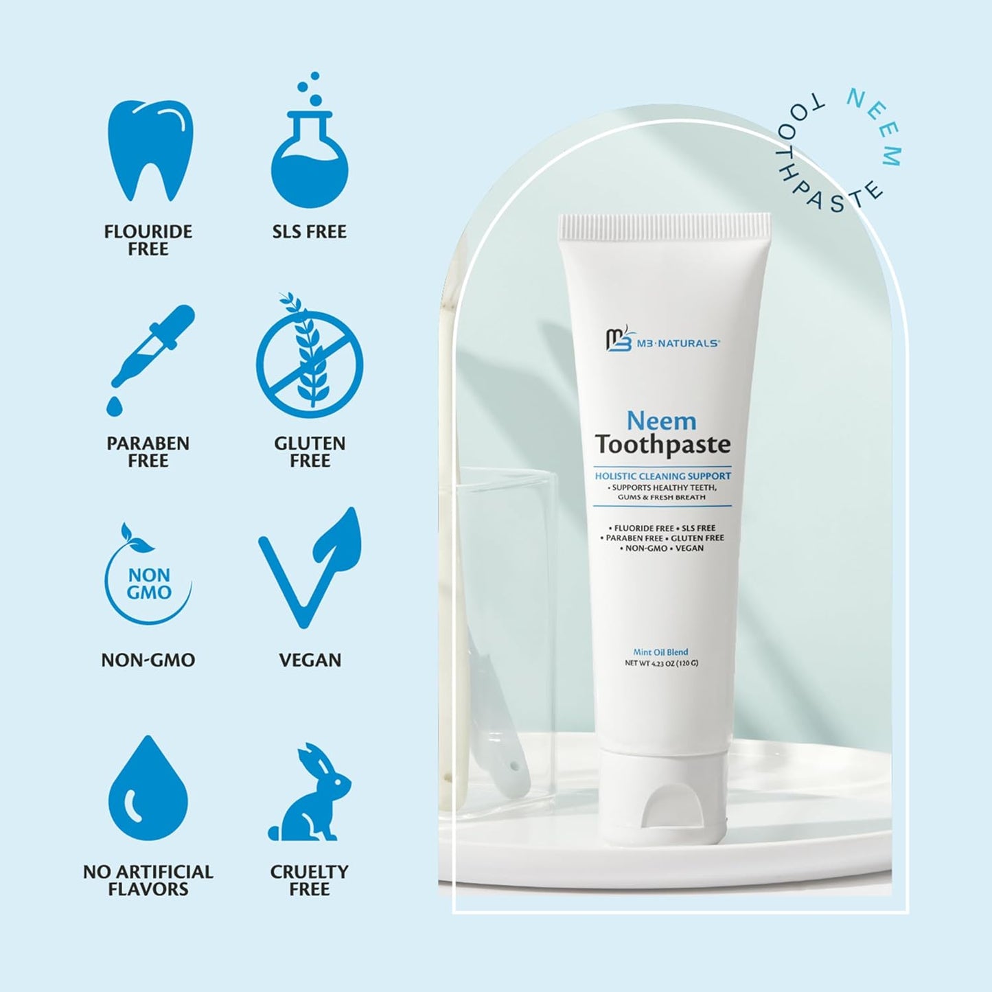 Fluoride-Free Neem Toothpaste with Mint for Adults & Kids with Sensitivity | Vegan, Gluten & SLS Free Herbal Formula for Sensitive Teeth, Healthy Gums and Fresh Breath, 4.23 oz (120g) Pack of 3 by M3