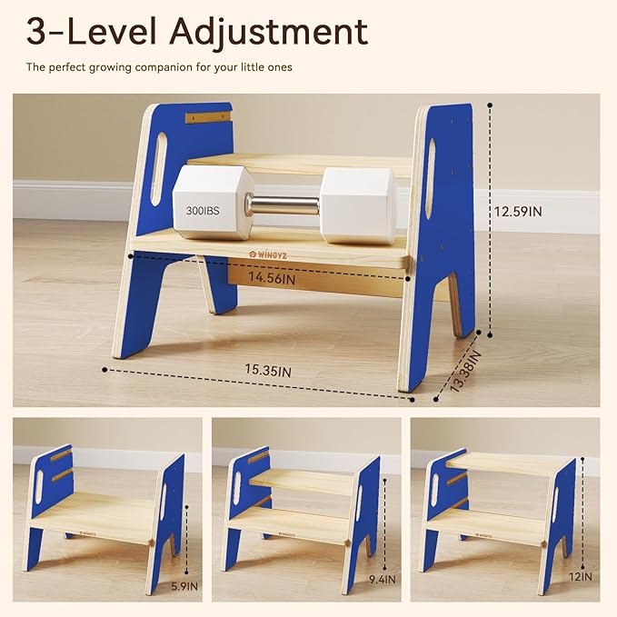 Wingyz Toddler Step Stool with Handles, Wooden Step stools for Kids, Durable 3-Level Height Adjustable Stepstool for Bathroom Sink, Kitchen, Bedroom,Potty Training