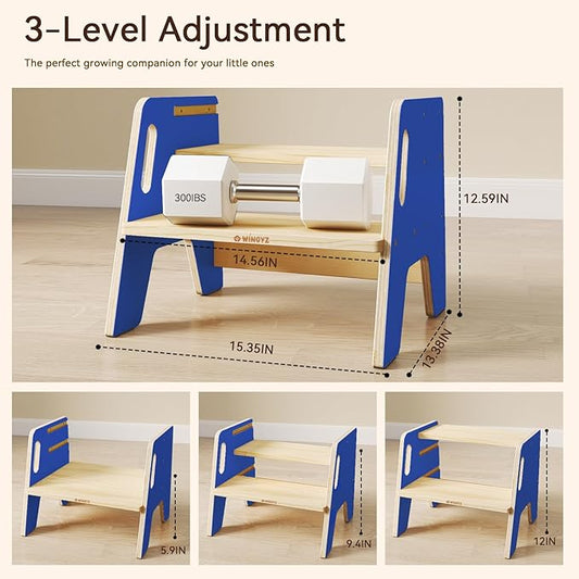 Wingyz Toddler Step Stool with Handles, Wooden Step stools for Kids, Durable 3-Level Height Adjustable Stepstool for Bathroom Sink, Kitchen, Bedroom,Potty Training