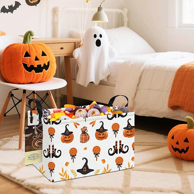 HUNRUNG Rectangle Storage Basket Cute Canvas Organizer Bin for Pet/Children Toys, Books, Clothes Perfect for Rooms/Playroom(REC-Candy Pumpkin)