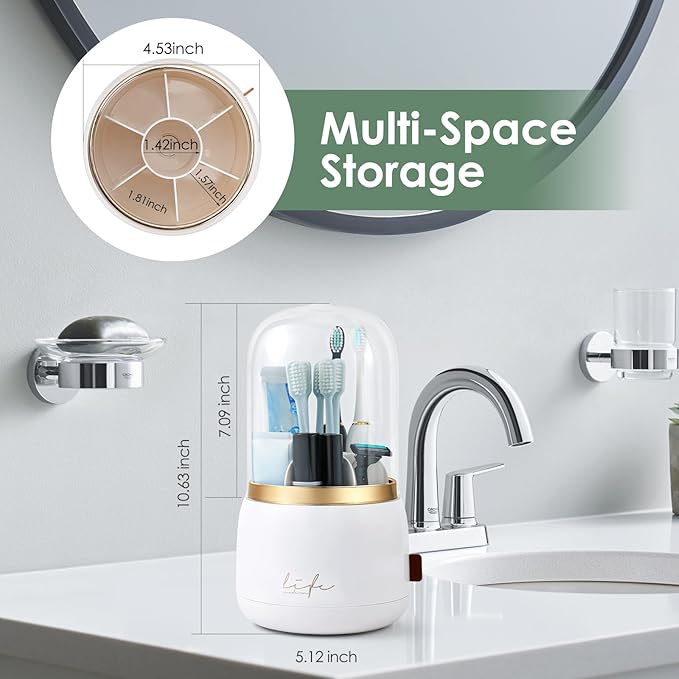 Toothbrush Holders for Bathrooms,Rotating 7-Slot with Cover and Draining Water,Kids Electric Toothbrush Holder and Toothpaste Stand Storage for Bathroom Accessories Counter Organizer Vanity