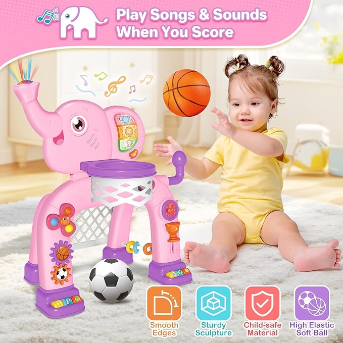 Shemira Toddler Basketball Hoop & Soccer Goal Activity Center Toys with Light & Music,Elephant Toddlers Musical Toys Gift, Baby & Toddlers Christmas Birthday Gift for 1 2 3 Year Old Boys & Girls