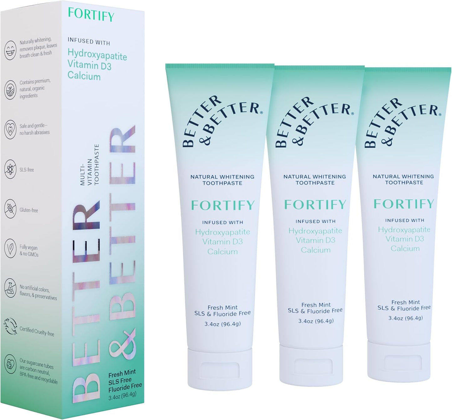 Better & Better Fortify Hydroxyapatite Toothpaste | Infused w/VIT. D & Calcium | Fluoride & SLS Free for Sensitive Brushers | Natural & Vegan Whitening Toothpaste | Fresh Mint Flavor | 3.4oz, 3 Pack