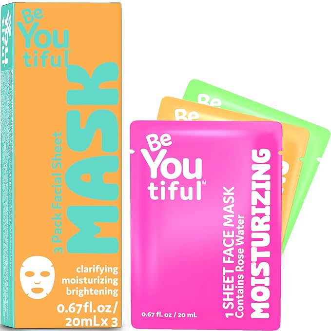 BeYoutiful Hydrating Face Mask Spa Set For Kids and Teens, Skin Care Facial Mask Set for All Skin Types and Ages, Boy and Girls, Box Includes 3 Masks