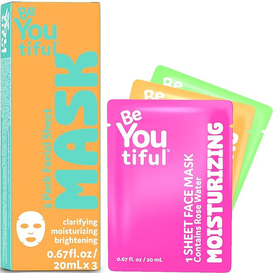 BeYoutiful Hydrating Face Mask Spa Set For Kids and Teens, Skin Care Facial Mask Set for All Skin Types and Ages, Boy and Girls, Box Includes 3 Masks