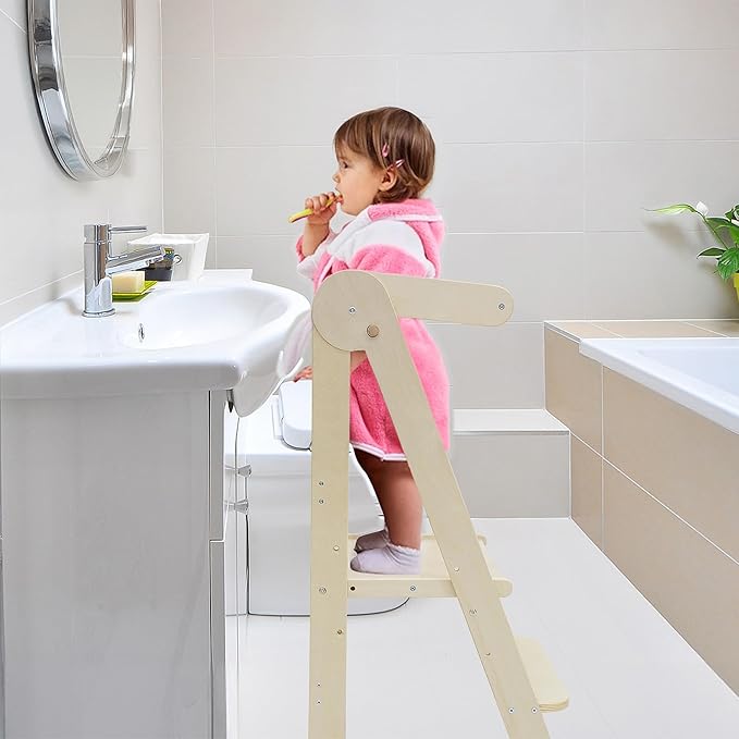 Foldable Toddler Tower 95% Preassembled Kitchen Stool Helper Folding Step Stool for Kids with 3 Adjustable Height Montessori Toddler Standing Tower for Kitchen Counter Sink Natural