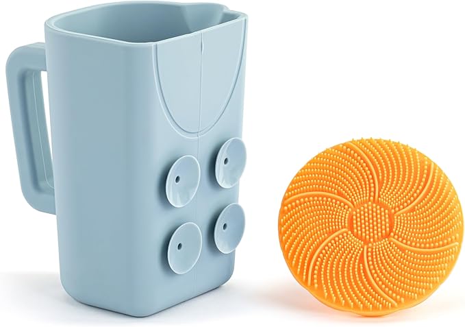 DEMDACO Love to Play Collection Baby Bath Rinse Cup and Silicone Scalp Scrubber Set - Gentle Hair Washing Aid for Infants & Toddlers Soft Silicone Kids' Brush & Ergonomic Rinse Pitcher, Orange