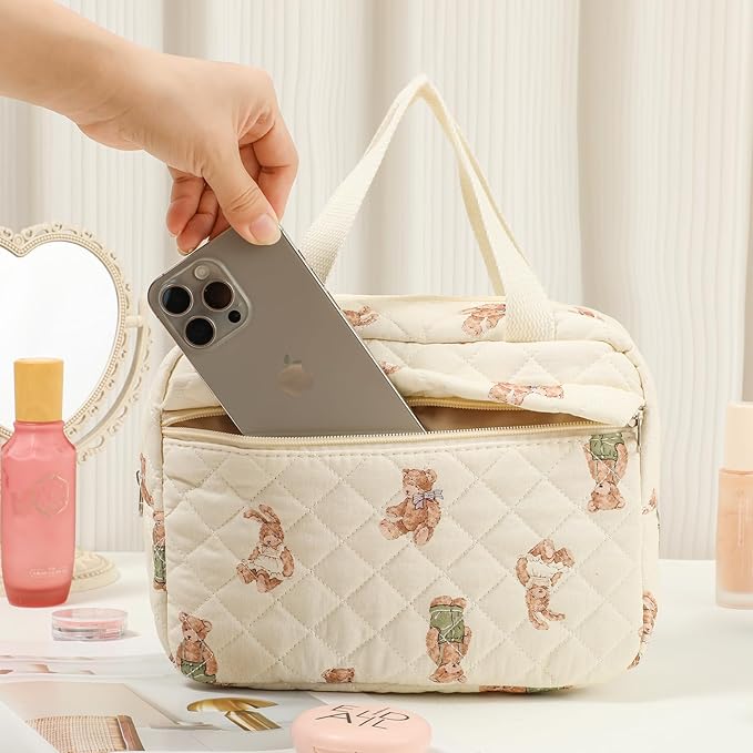 Large Size Quilted Coquette Makeup Bag, Cute Preppy Floral Cotton Travel Cosmetic Organizer Bag with Top Handle, Multi-Layer Travel Toiletry Pouch for Girls (04Bear)