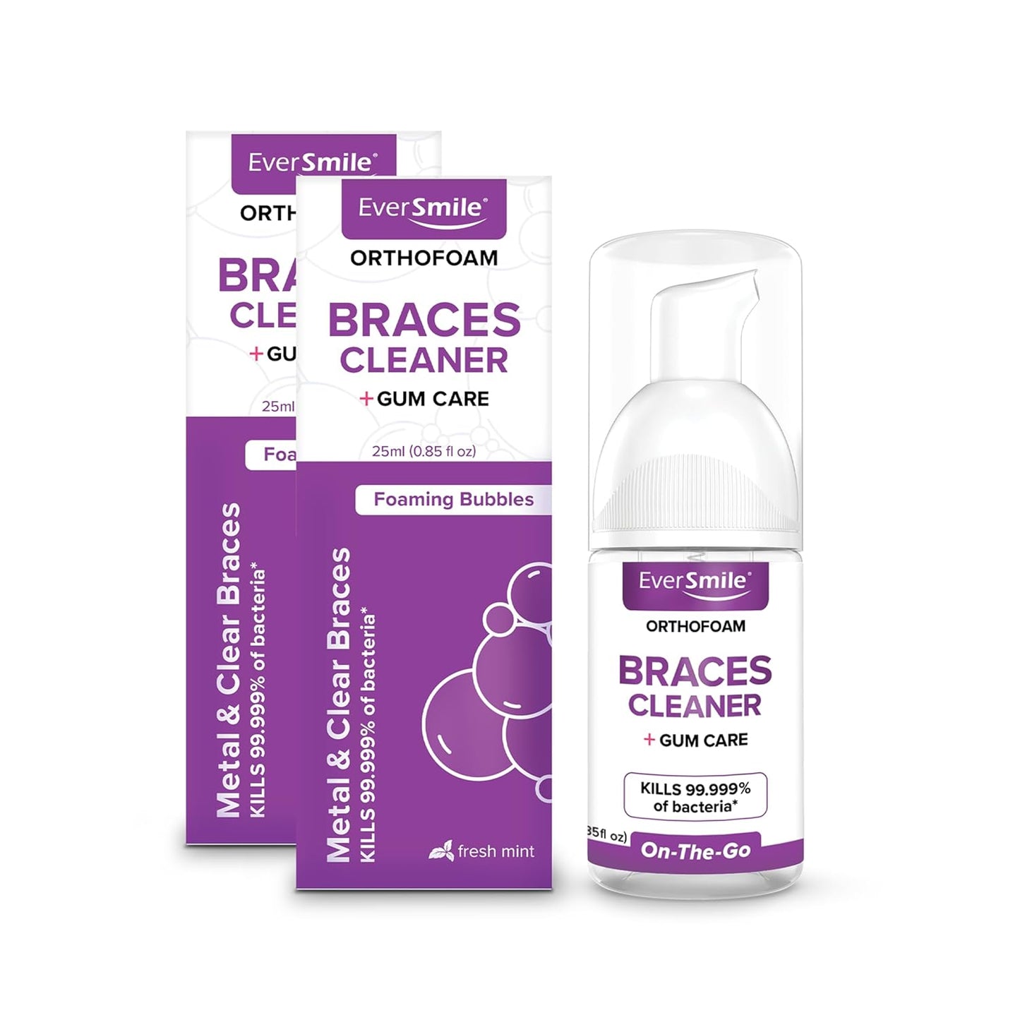 EverSmile OrthoFoam Braces Cleaner — Travel Size – Brushable Foam Whitens Teeth, Eliminates Bacteria, Fights Plaque and Bad Breath – Cleans Under Metal, Ceramic, Clear Brackets and Wires – 25ml(2 Pk)