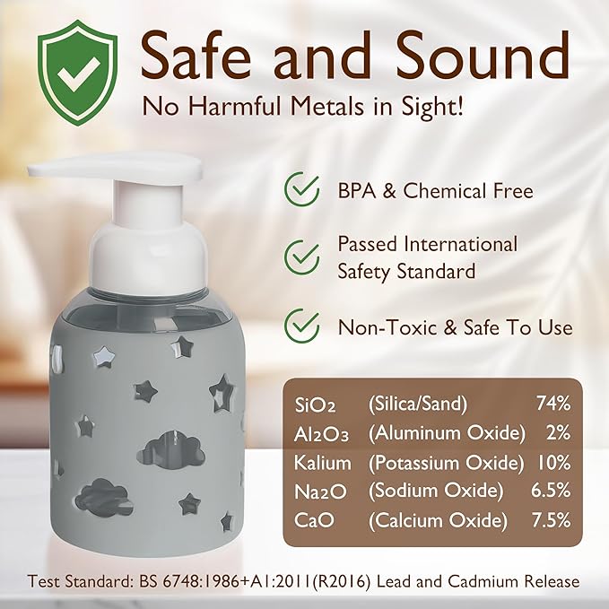 SoCal Suds & Company Glass Foaming Hand Soap Dispenser, Soft Grip Silicone Sleeve, Refillable Pump Bottle for Kids, Baby Wash & Shampoo, Ideal for Home Use, Light Grey 8oz
