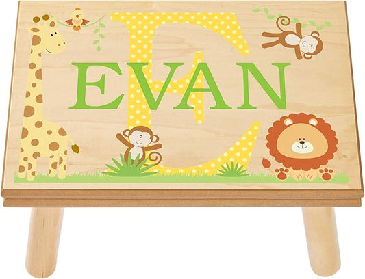 Let’s Make Memories Personalized My Own Name Step Stool - Children’s Step Stool - Sturdy Wood – Non-Toxic Paint, Sealer - Jungle Design - Natural - 14’Wx9.25”Lx8.75”H - Ages 3+
