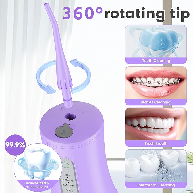 Cordless Water Flosser for Teeth Cleaning Pick - Electric Dental Irrigator with 4 Cleaning Modes & 8 Jet Tips, IPX7 Waterproof, Portable Rechargeable Design for Home & Travel Use,Purple
