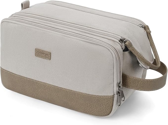 WANDF Toiletry Bag for Men Travel Toiletry Organizer Canvas and Leather Dopp Kit Water-Resistant Shaving Bag for Travel Accessories (Cream Beige, Large)