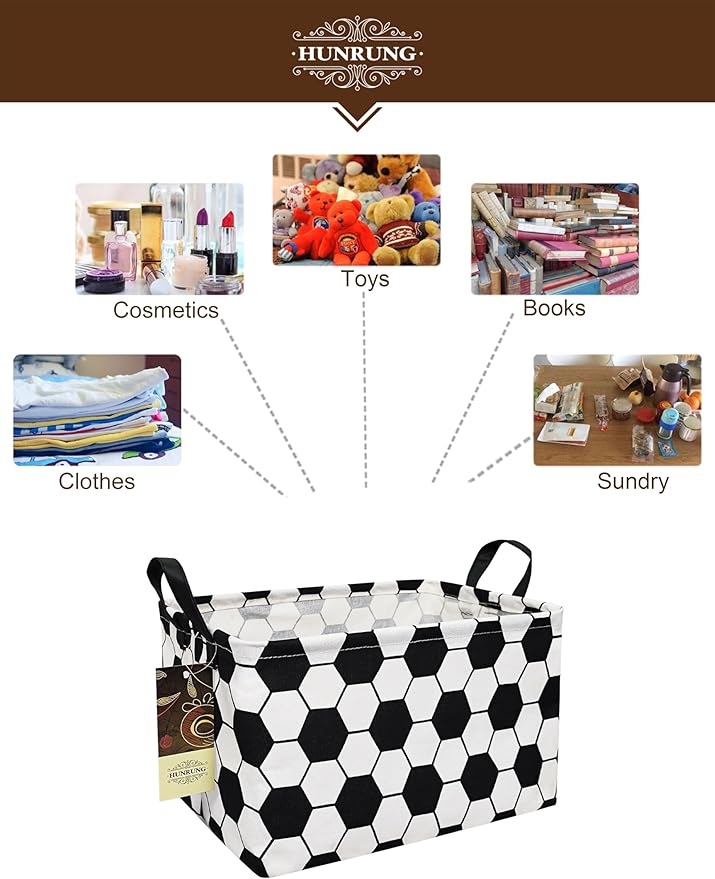 HUNRUNG Rectangle Storage Basket Cute Canvas Organizer Bin for Pet/Children Toys, Books, Clothes Perfect for Rooms/Playroom(REC-Football)