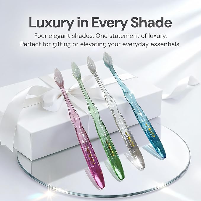 Nano-b Manual Toothbrush Set for Adults with Sensitive Gums, Silver Soft/Medium Bristles, Travel Cases, Blue, Pink, Green, Crystal, 4-Pack