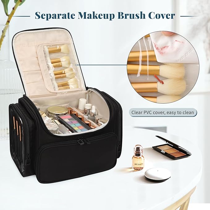 Large Makeup Bag with Jewelry Organizer, Travel Toiletry Bag for Women Girls with Makeup Brush Compartment & Two Side Pockets - XL Black