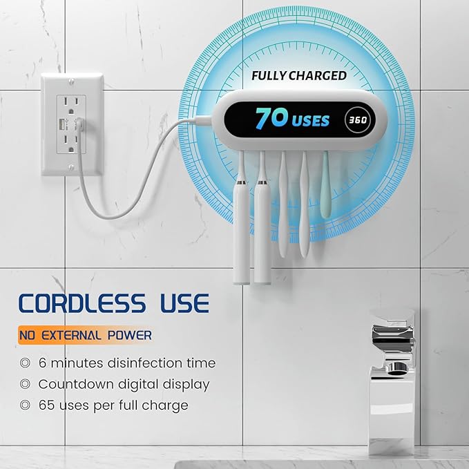 MIMORE Toothbrush Holder, 5 Toothbrush Slots & Timer Function, Cordless Wall Mounted Toothbrush Holders for Bathrooms