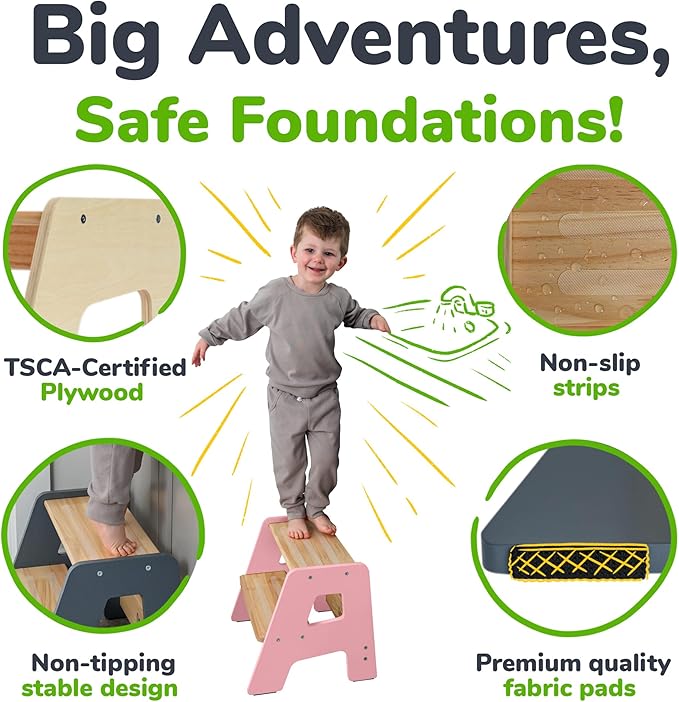 OCODILE 2-Step Wooden Step Stool for Toddlers | Kids Stool for Bathroom Sink & Kitchen Use | Non-Slip Step | Wooden Stool for Children Ages 2+ Years Pink