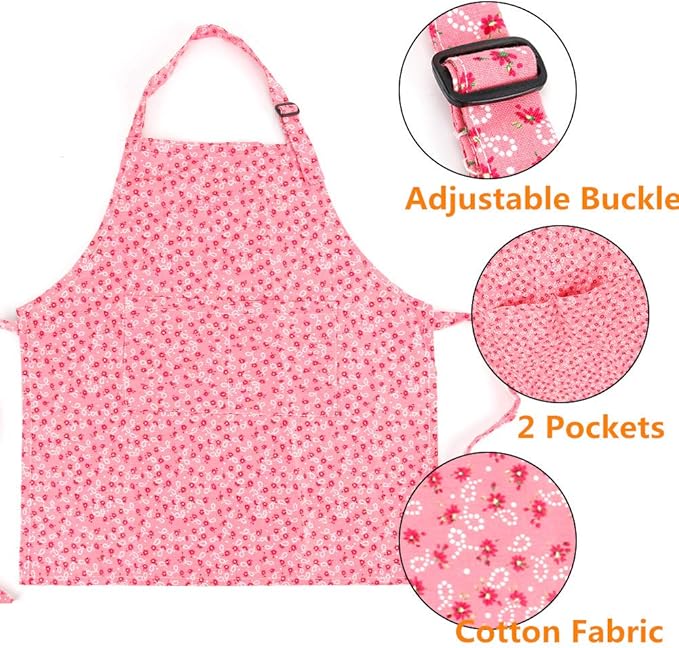 Kids Apron and Chef Hat Set, Adjustable Cotton Child Aprons with 2 Pockets Cute Girls Boys Kitchen Bib Aprons for Cooking Baking Painting