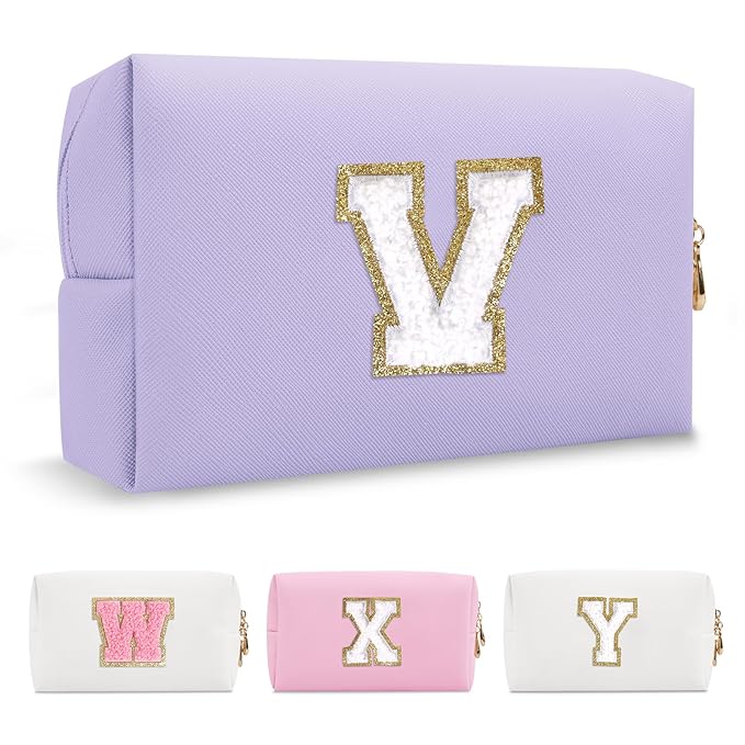 Personalized Makeup Bag Initial A-Z Preppy Patch Bag,Small PU Leather Travel Cosmetic Bag Pouch with Zipper,Purple Cute Toiletry Bag,Gift Ideal for Teen Girls Women Birthday Friend Mom,Latter V