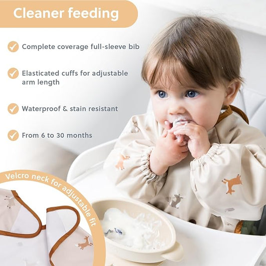 BIBaDO Mess Proof Baby Bib, 2 Pack Long Sleeve Bib, 6 month - 3 Years, Waterproof Bibs for Toddlers, Machine Washable