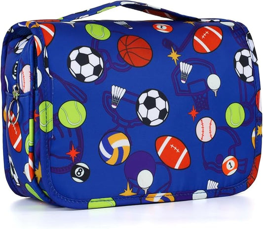 Kids Hanging Toiletry Bag for Boys, Travel Toiletry Bag for Little Young Boys Waterproof Wash Bag Toddler Traveling Toiletries, Soccer Balls Blue