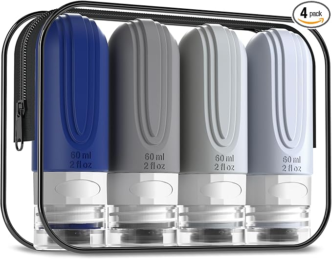Travel Bottles for Toiletries, Tsa Approved 2oz Travel size Bottles, BPA Free Leak Proof Travels Toiletry Containers, Traveler Accessories with Toiletry Bag for Shampoo Liquid (4 Pack)