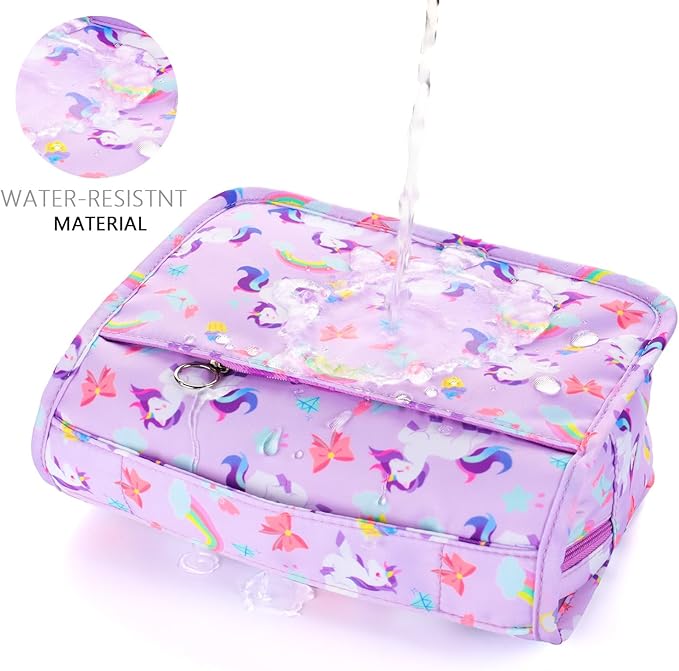 Kids Hanging Toiletry Bag for Girls, Travel Toiletry Bag for Little Young Girls Cosmetic Makeup Waterproof Wash Bag Toddler Traveling Toiletries, Unicorn Purple