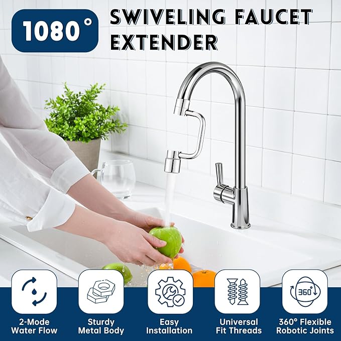 2 PCS 1440° Rotatable Faucet Extension, 1080° Swivel Faucet Aerator Extender, 2 Mode Adjustable Rotating Universal Sink Faucet for Kitchen Bathroom Sink Silver