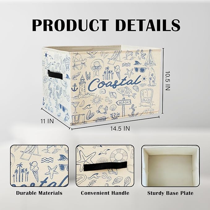 Beach Sea Storage Basket Organizer Bins With Handles,Summer Coastal Rustic Starfish Organizing Decorative Storage Basket,Collapsible Closet Shelf Cloth Organizer Basket for Bedroom Bathroom