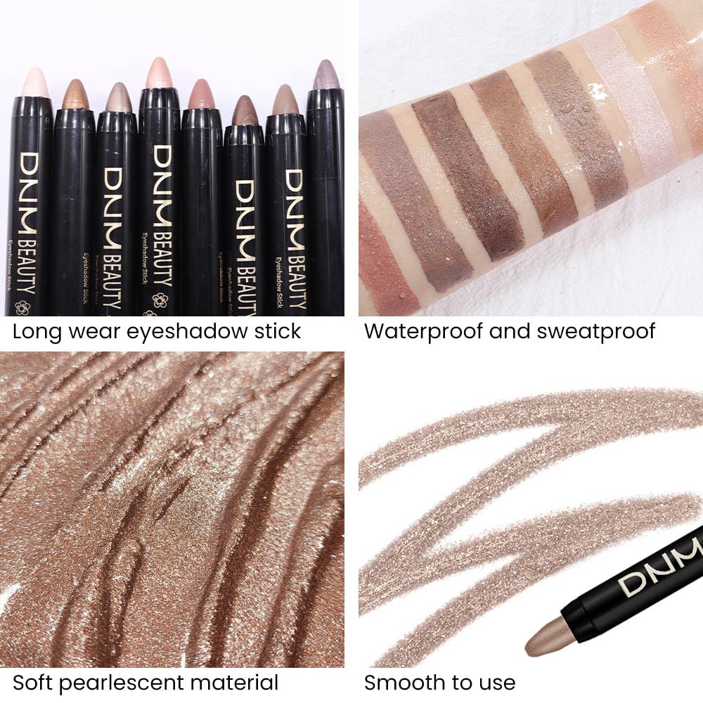 8Pcs Cream Eye Shadow Brightener Sticks Set for Eyes, Champagne Pearl Taupe Bronze Cocoa Stone Putty Smoky Amethyst, Halloween Makeup, Matte Shimmer Eye Shadow Pencil Pen Crayon Waterproof 03