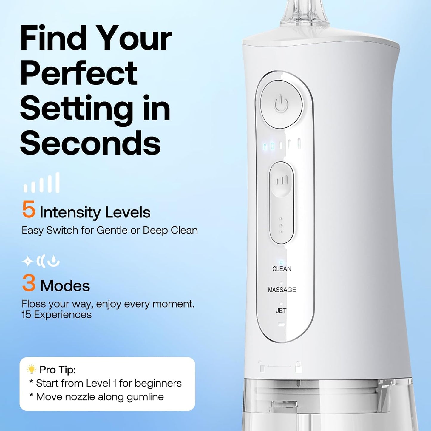 Bitvae Water Dental Flosser for Teeth, Rechargeable Water Teeth Cleaner Picks, 3 Modes 5 Intensities, IPX7 Waterproof, Oral Irrigator USB Cordless Water Dental Picks for Cleaning - Frost White