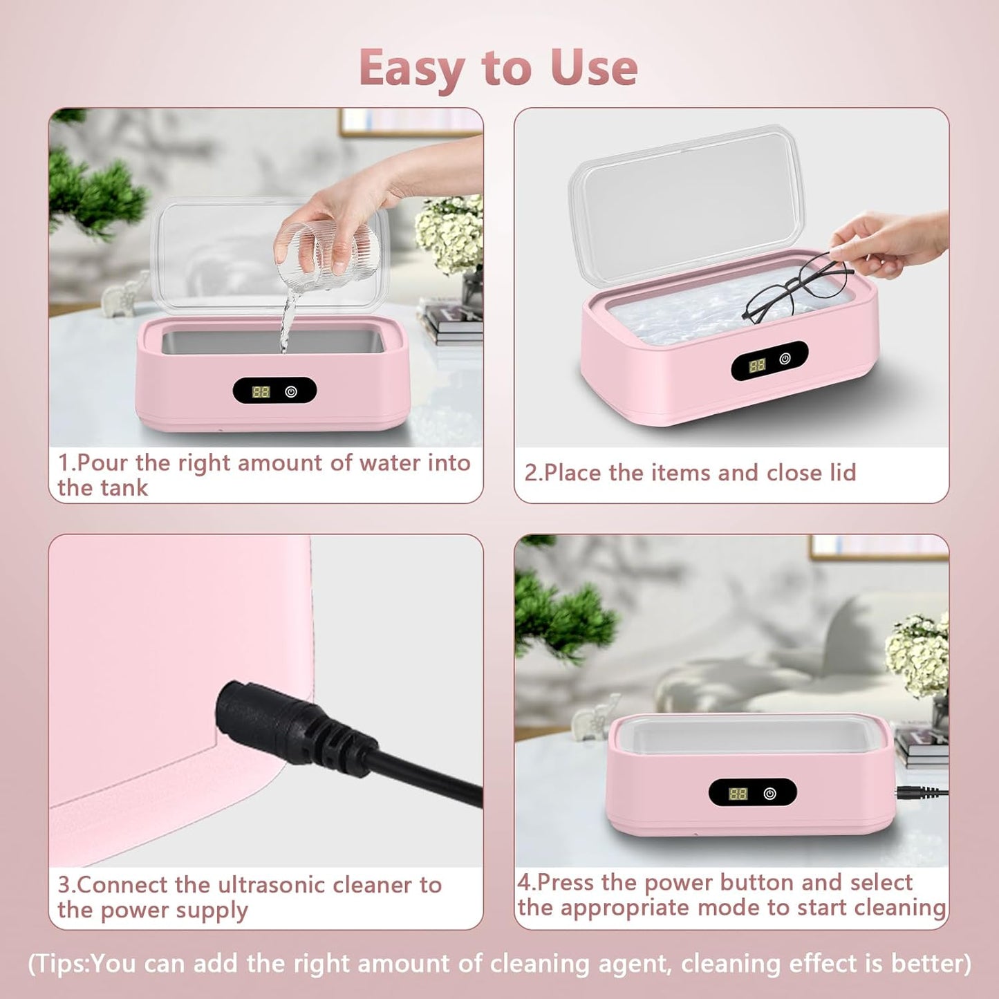 2025 Upgrade Large Capacity Ultrasonic Cleaner, 50Khz Ultrasonic Cleaner Machine with 5 Modes Timer for Glasses Dentures-304 Stainless Steel Tank, Pink