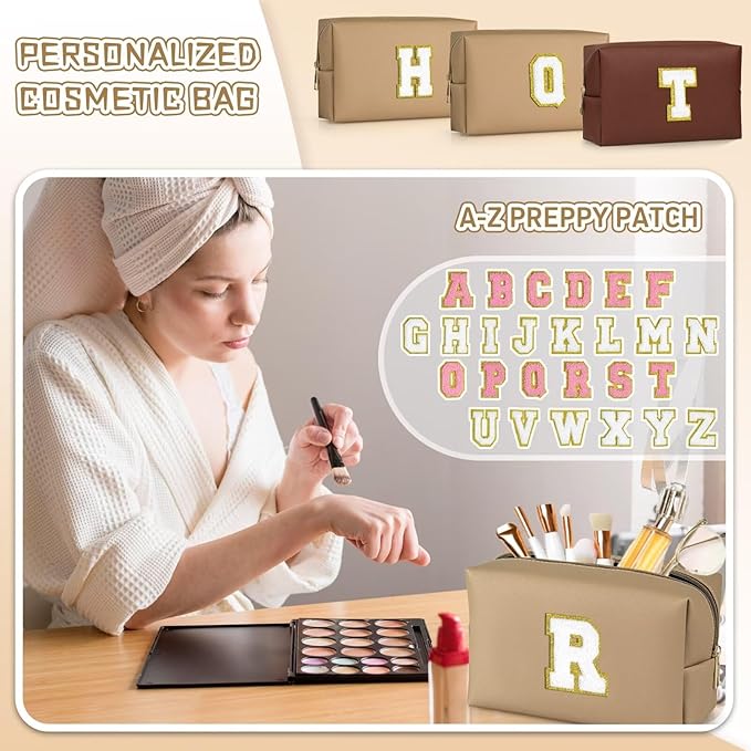 TOPEAST Initial Cosmetic Bag, PU Leather Waterproof Travel Toiletry Bag, Monogrammed Gifts for Women, Personalized Birthday Gift for Sister Friends, Cute Stuff for Girls (Khaki K)