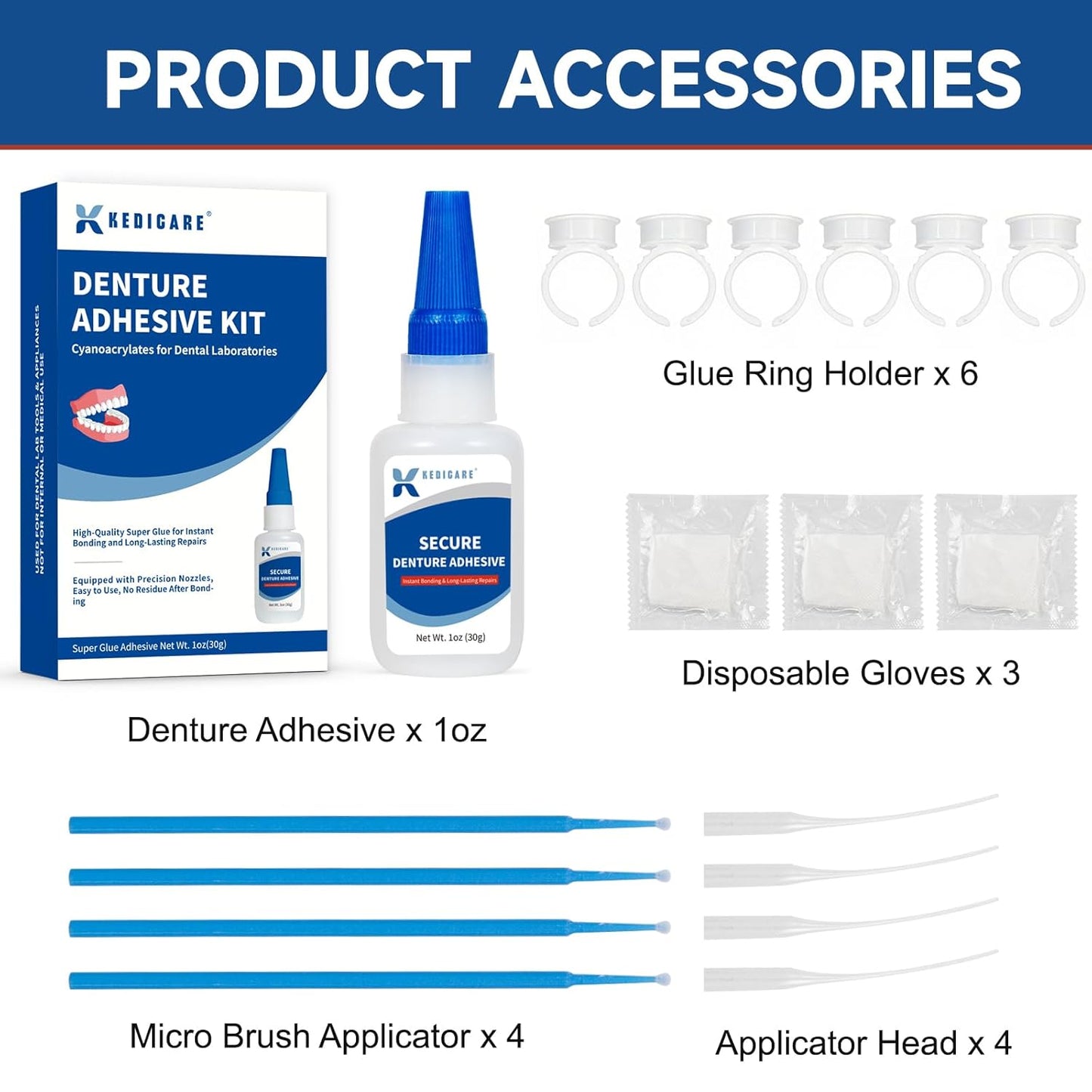 Dental Lab Denture Repair Glue Kit (1oz), Instant Bonding Denture Adhesive, Repair Cracks and Secure Loose Teeth, Safe Bonding No Irritating Odour