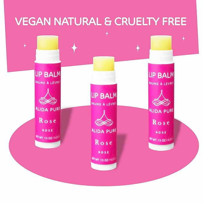 Rose Lip Balm Collection, Vegan Set, Beeswax Free, with Organic Jojoba and Avocado Oil, Vitamin E, Natural Moisturizer for Dry, Chapped Lips, 3 Tube Set