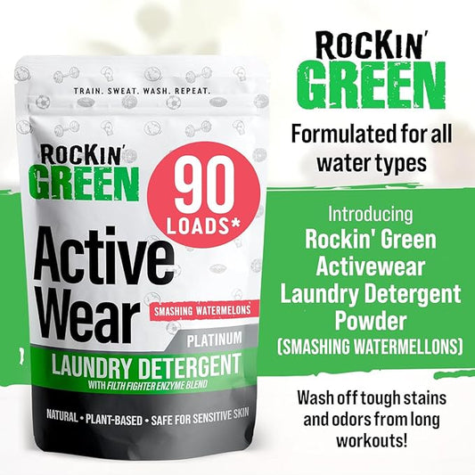 Rockin' Green Laundry Detergent, Plant based, All Natural Laundry Detergent Powder, Vegan and Biodegradable Odor Fighter, Safe for Sensitive Skin (Active Wear 90 Loads - Smashing Watermelons)