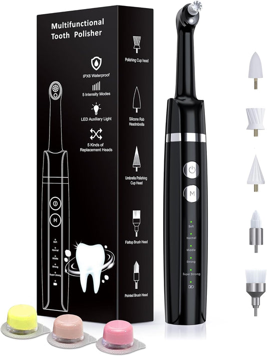 Tooth Polisher, Rechargeable Tooth Whitening Kit for Teeth Cleaning and Whitening, with 3 Tooth Polish Paste and 5 Brush Heads, LED Light, Easy to Use at-Home Personal Dental Care Kit (Black)