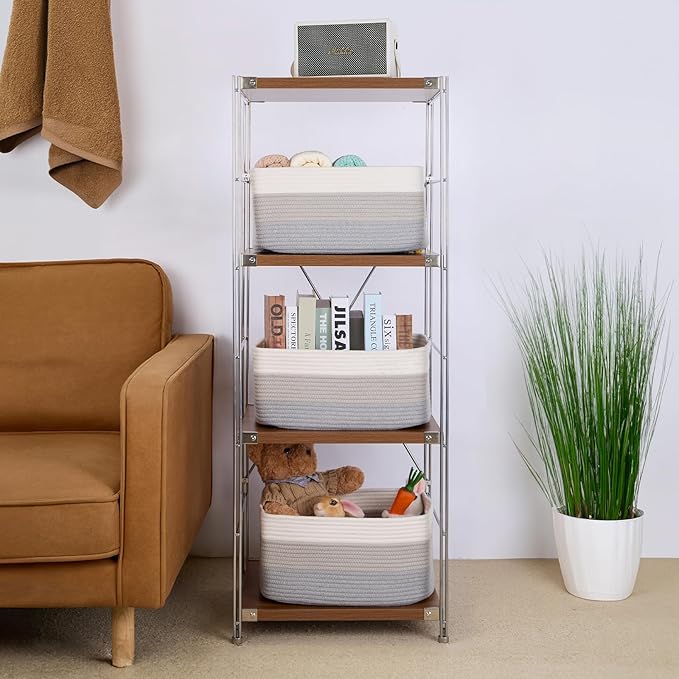 Large Storage Baskets for Shelves, Closet Organizers Bins for Clothes Blanket Towels, Baby Nursery, Toy Baskets Box, Woven Rope Baskets, 17 x 13 x 7.5”, 3 Packs Gradient Grey