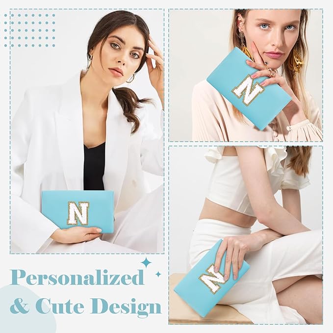 Small Personalized Initial A-Z Preppy Patch Makeup Bag,PU Chenille Letter Travel Cosmetic Pouch with Zipper,Blue Cute Toiletry Bag,Gift Ideal for Teen Girls Women Teacher Bridesmaid,Letter N