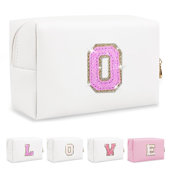 Small Initial Patch Makeup Bag Personalized Gifts Make Up Bag,White Cute PU Leather Glitter Letter Cosmetic Bag with Zipper,Trendy Portable Travel Toiletry Pouch,Preppy Stuff for Teen Girls Women O