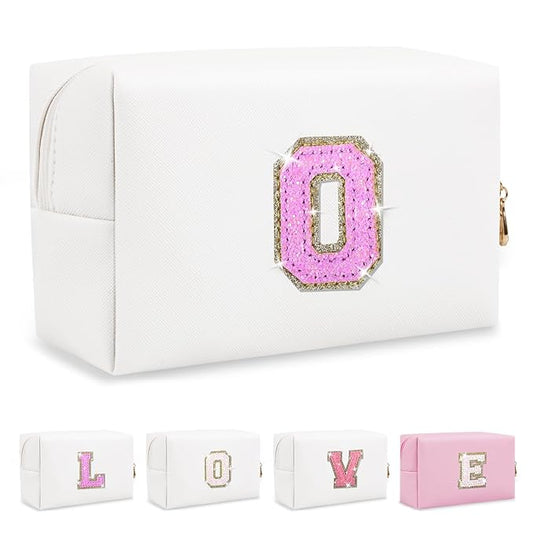 Small Initial Patch Makeup Bag Personalized Gifts Make Up Bag,White Cute PU Leather Glitter Letter Cosmetic Bag with Zipper,Trendy Portable Travel Toiletry Pouch,Preppy Stuff for Teen Girls Women O