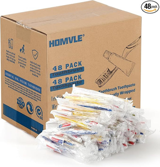 Homvle 48 Packs Disposable Toothbrushes with Toothpaste, Individually Wrapped Travel Toothbrush and Toothpaste Buld for Travel Size Toiletries, OCC, Airbnb, Dentist, Office/4 Colorful