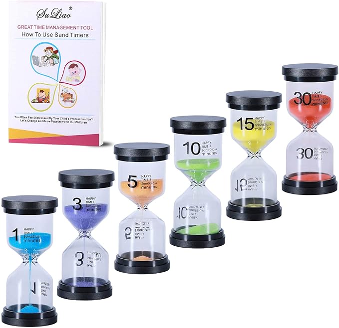 Hourglass Sand Timers 1/3/5/10/15/30 Minutes, Colorful Sand Clock for Kids, Mini Plastic Sand Watch for Games Classroom, Small Glass Sandglass Timer Set (Pack of 6)
