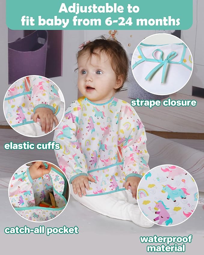 Lictin 3 Pack Baby Bibs for Boy or Girl, Cute Long Sleeve Bib, Waterproof Bibs for Toddlers,Adjustable Closure Baby Smock, Mess Proof Baby Bib, 6-24 Months Reusable Infant Baby Bibs