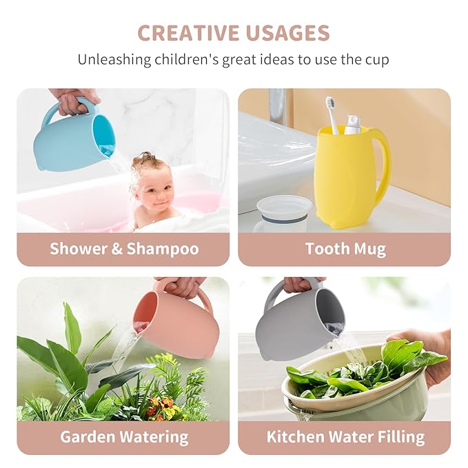 Baby Bath Rinse Cup - Children's Shampoo and Body Wash Rinse Cup with Easy Grip Handle for Rinsing Baby Shampoo and Soap - Food Grade Silicone - Penguin (Pink)